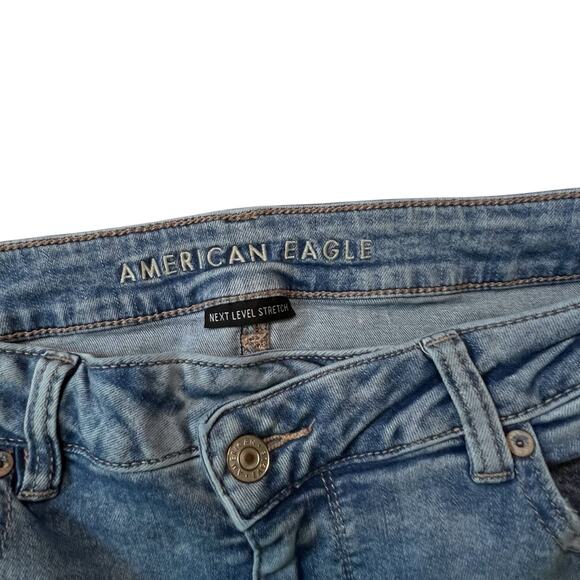 American Eagle Super Hi-Rise Flare Jeans Women 14 Distressed Next Level Stretch - Picture 3 of 15